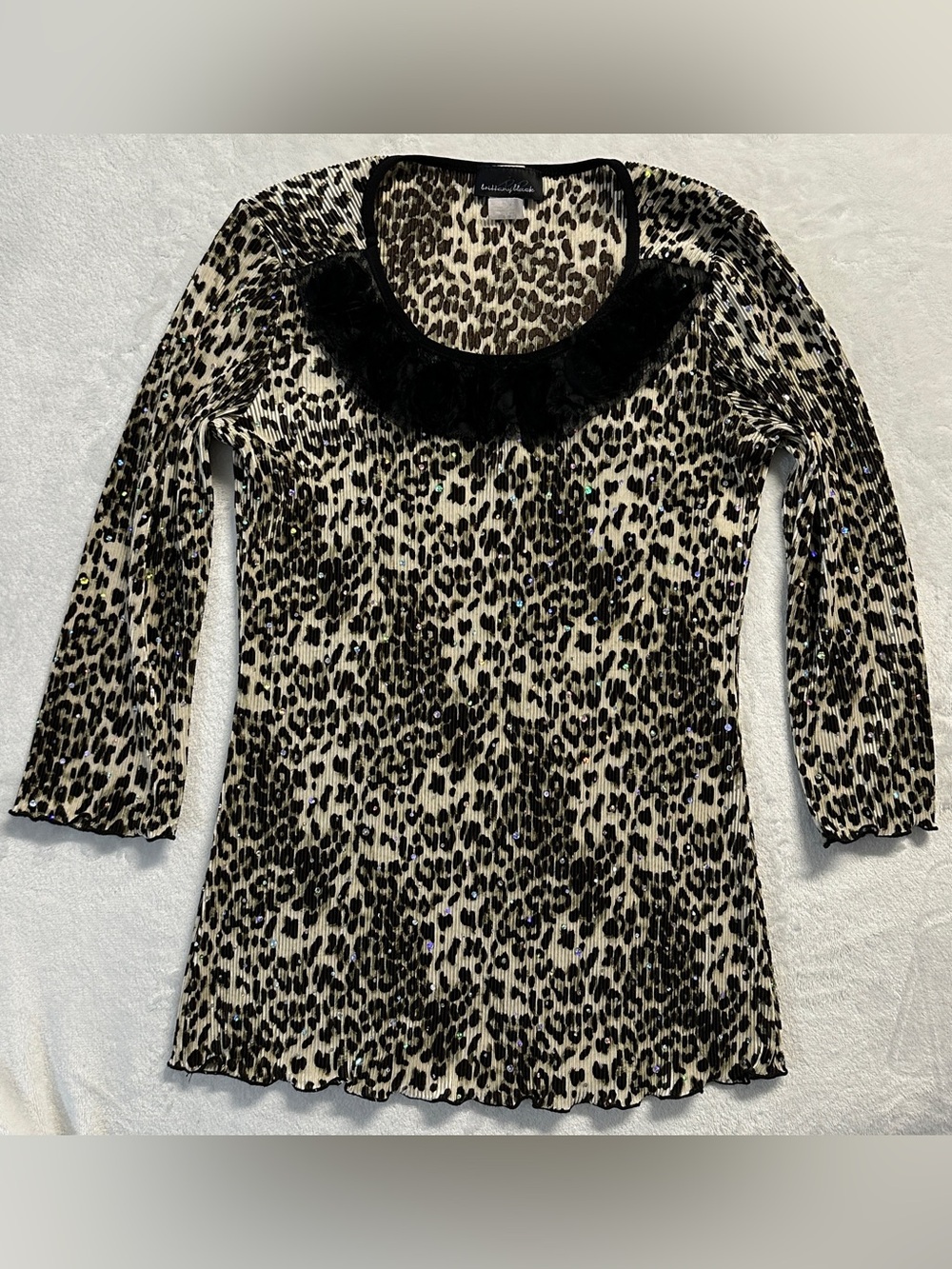 Y2K BRITTANY BLACK women's ribbed flowy cheetah print 1/2 sleeve blouse, M.